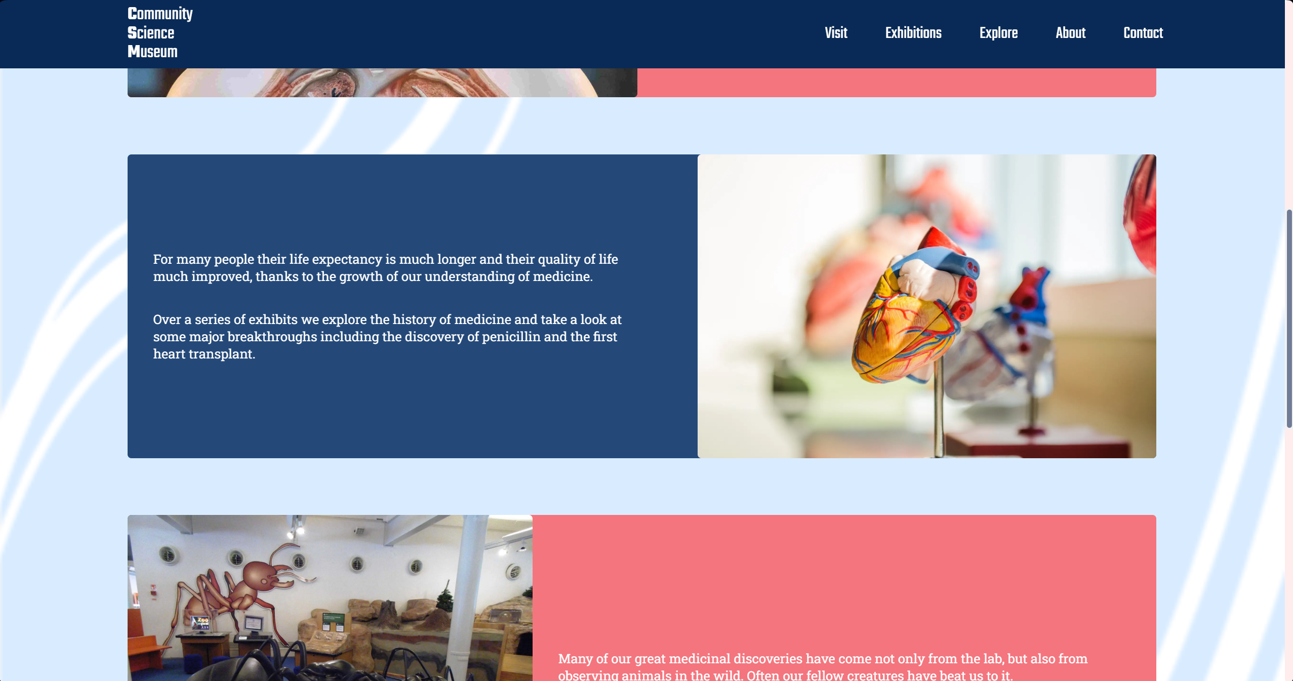 A Screenshot of the PC version of a website called 'Community Science Museum', featuring the websites exhibition 'Biology and Medicine' page. It has multiple texboxes with images with various information that involves biology and medicine.