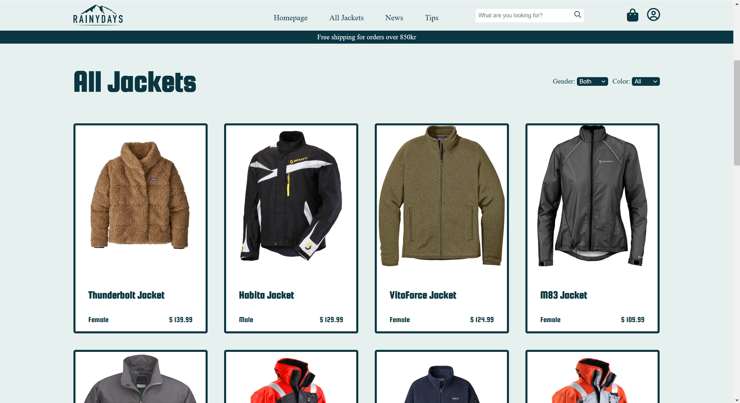 An image of the All Jackets page for Rainy Days, showing rows of jackets.