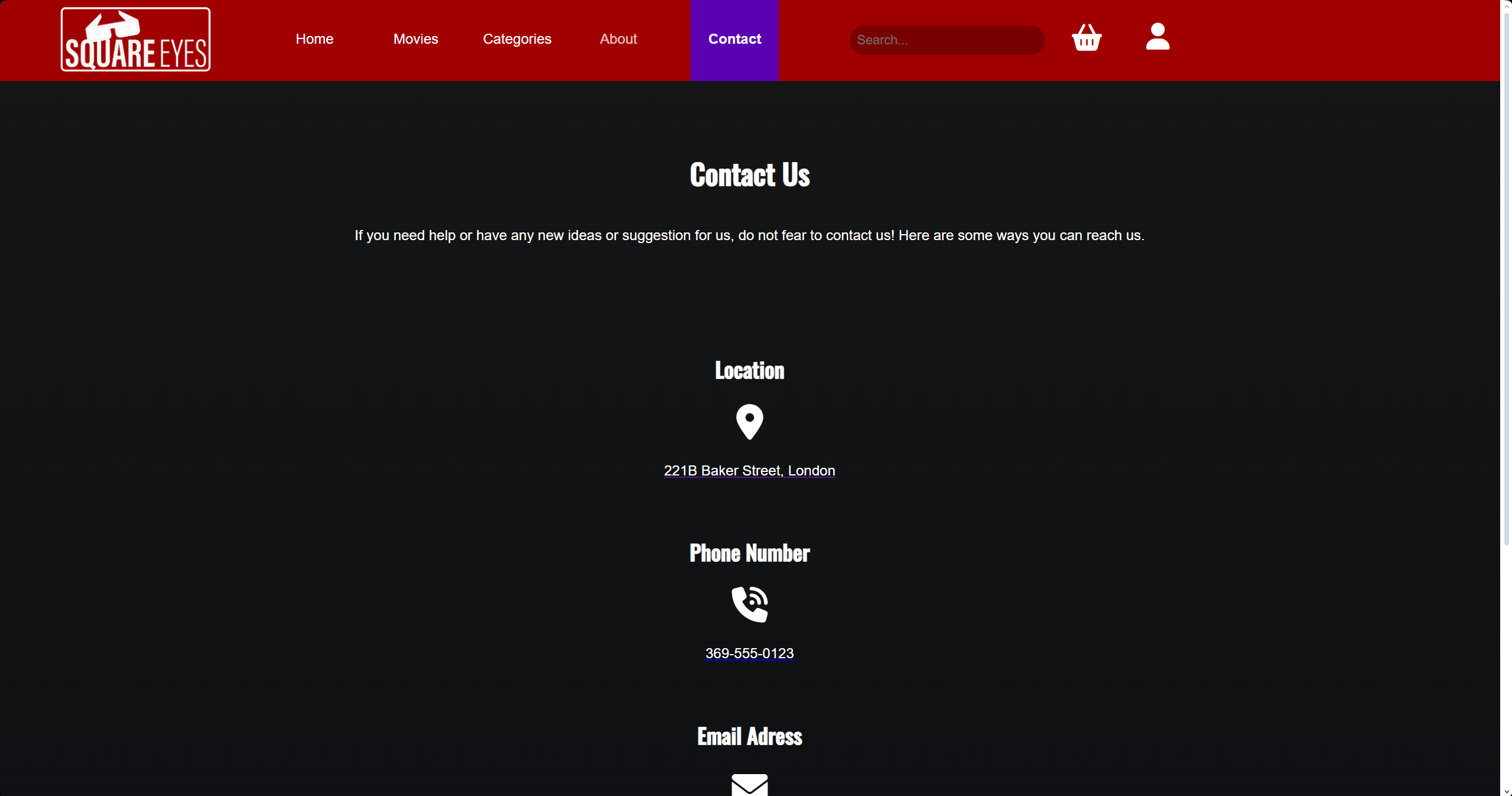 A screenshot of a website called 'Square Eyes', featuring its 'Contact Us' page. The Website includes a list of numerous ways of contacting the website, such as email, telephone and more.