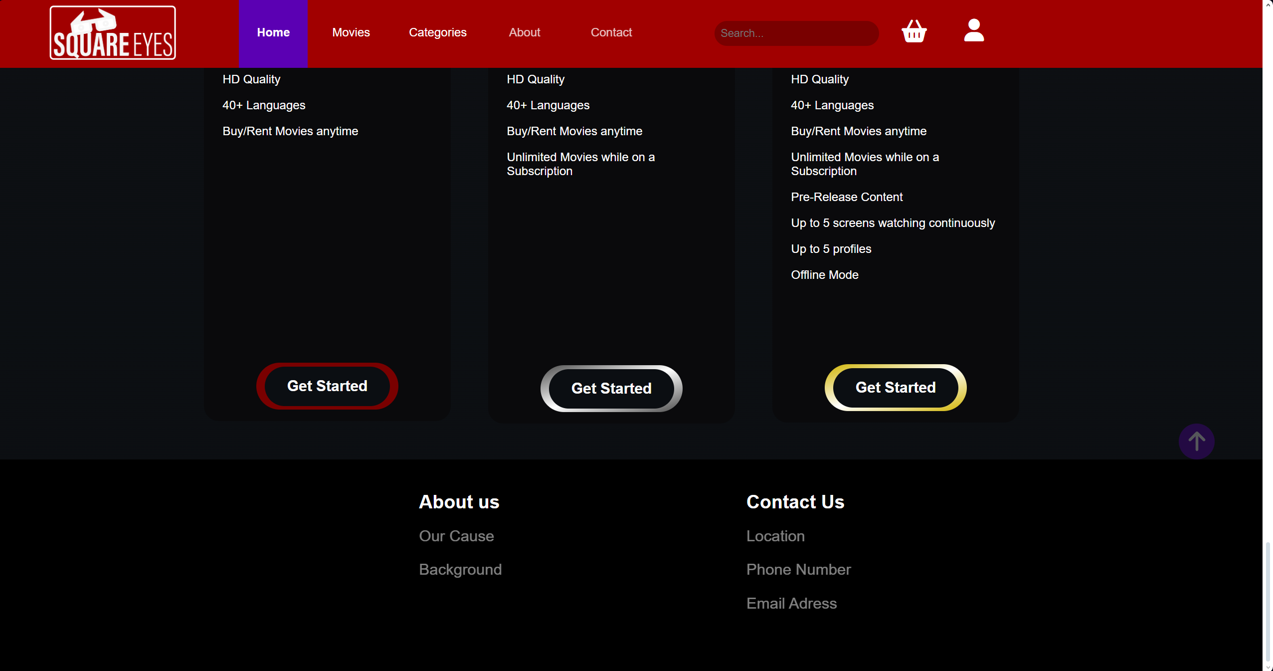 A screenshot of a website called 'Square Eyes', featuring its homepage. The website promotes three different subsription plans, 'Regular', 'Comfort' and 'Movie Freak'. The screenshot also captures the websites footer, a simple black footer with two rows of links, 'contact' and 'about'.
